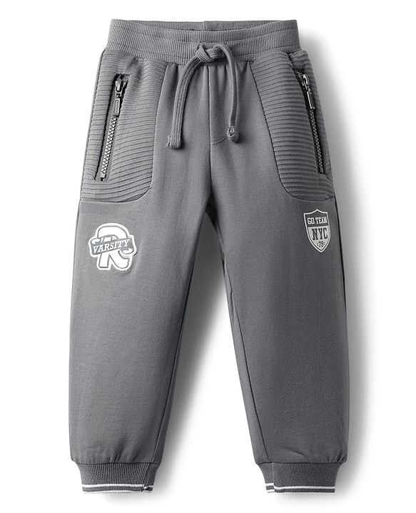 Babyhug Cotton Terry Knit Full Length Lounge Pant with Varsity Print - Grey