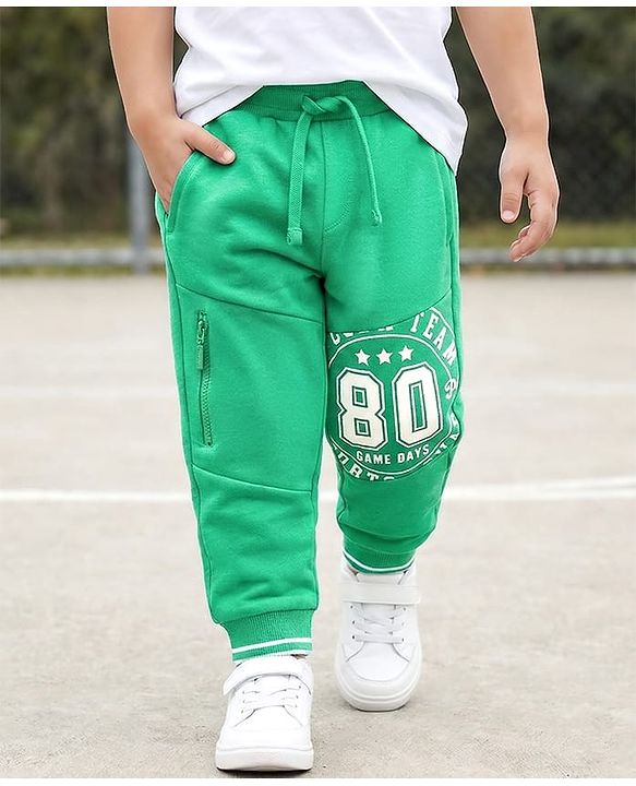 Babyhug Cotton Terry Knit Full Length Lounge Pants with 80 Game Days Print - Green