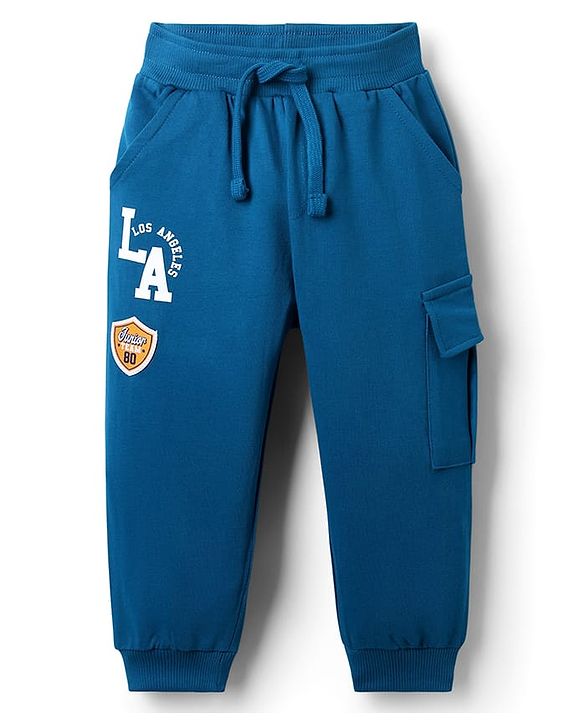 Babyhug Cotton Terry Knit Full Length Lounge Pant with LA Print - Blue
