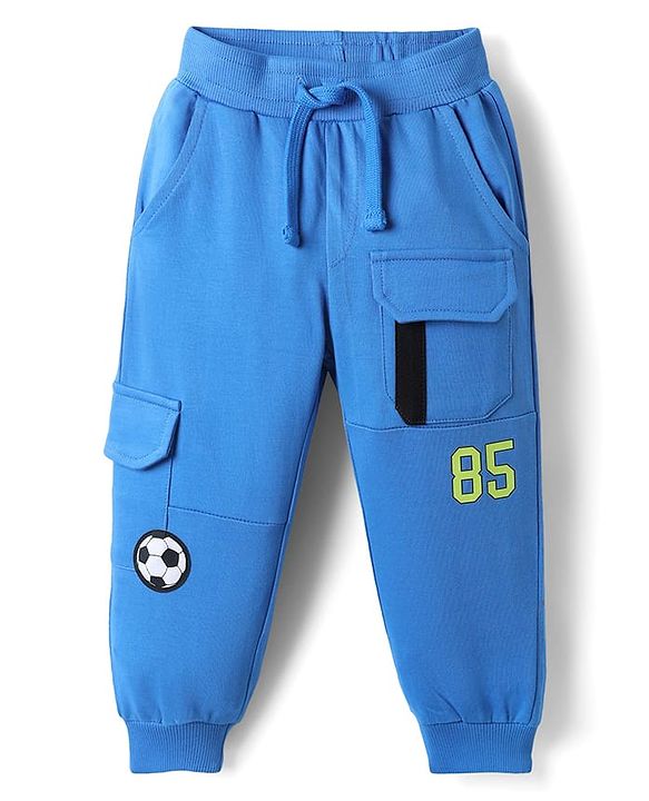Babyhug Cotton Terry Knit Full Length Lounge Pants with Football Badge - Blue