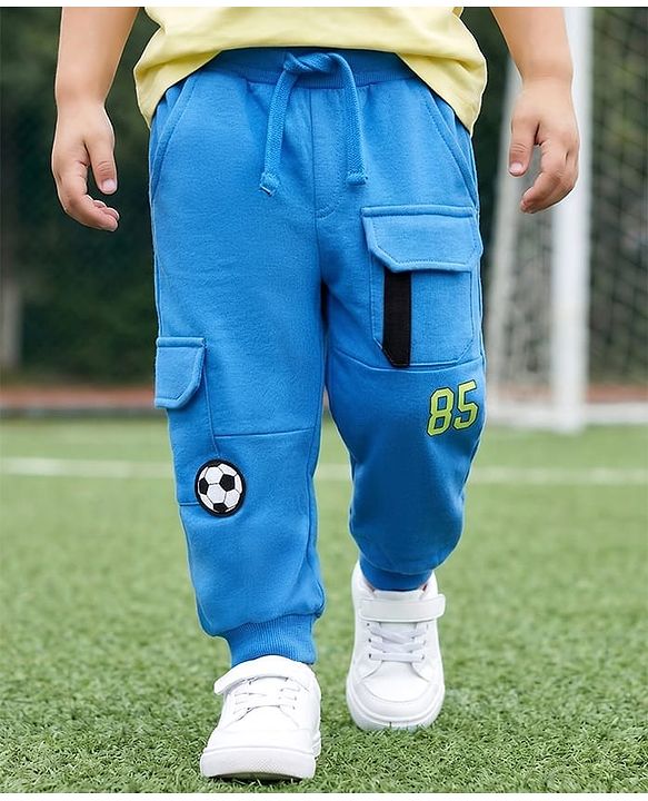 Babyhug Cotton Terry Knit Full Length Lounge Pants with Football Badge - Blue