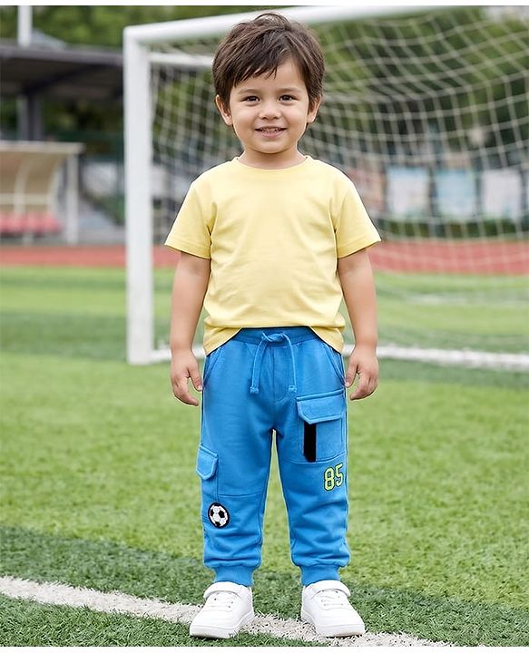 Babyhug Cotton Terry Knit Full Length Lounge Pants with Football Badge - Blue