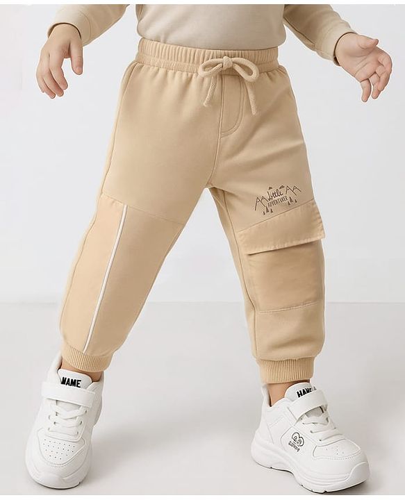 Babyhug Cotton Terry Knit with Woven Tafetta Pocket Cut & Sew Design Full Length Lounge Pant - Beige
