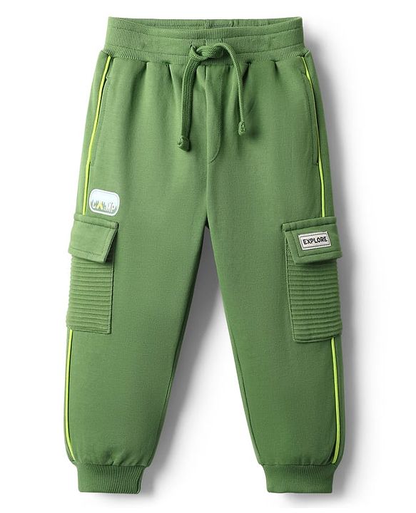 Babyhug Cotton Terry Full Length Lounge Pant With Side Pockets - Green