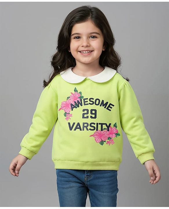 Babyhug 100% Cotton Full Sleeves Floral & Text Printed Sweatshirt With Peter Pan Collar - Light Green