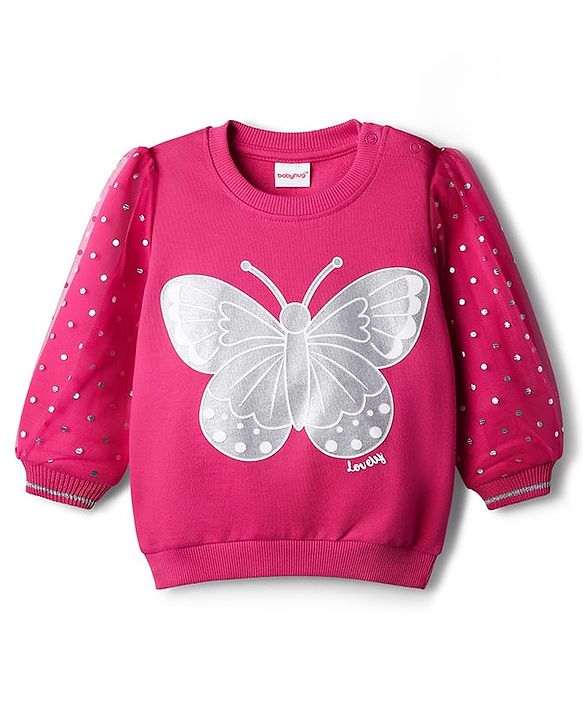 Babyhug Cotton Knit Full Sleeves Sweatshirt With Butterfly & Foil Polka Dot Print - Red