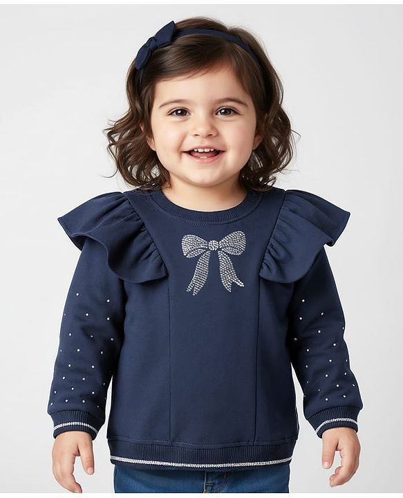 Babyhug 100% Cotton Full Sleeves Bow Embellished Sweatshirt With Frill Detailing - Navy Blue