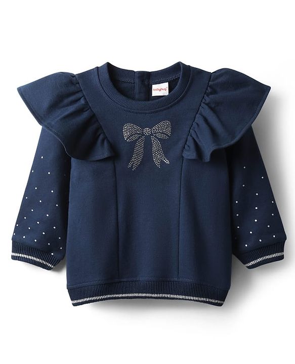Babyhug 100% Cotton Full Sleeves Bow Embellished Sweatshirt With Frill Detailing - Navy Blue