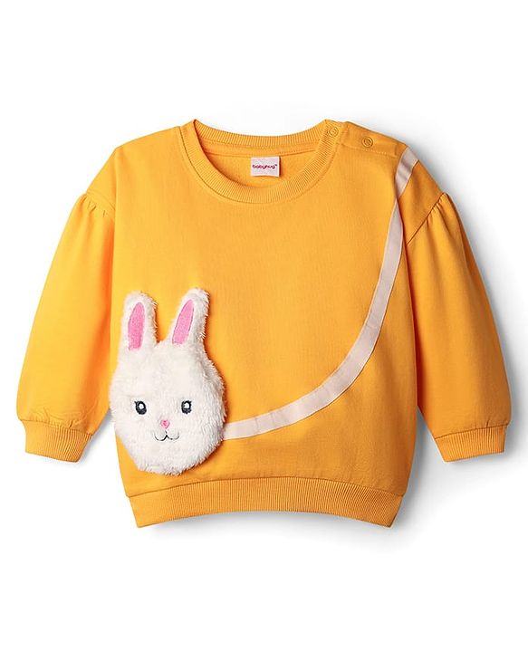 Babyhug Cotton Knit Drop Shoulder Full Sleeves Sweatshirt with Bunny Applique - Yellow