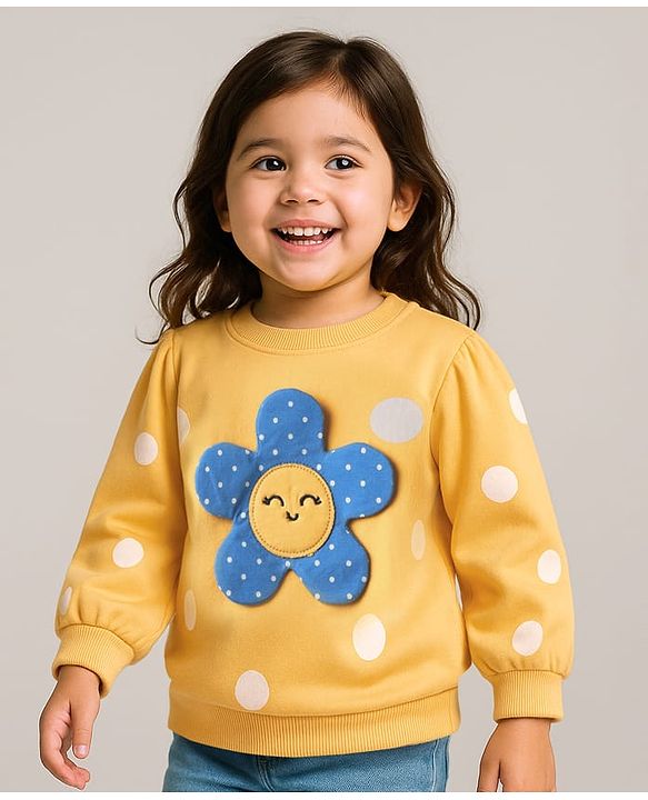 Babyhug 100% Cotton Full Sleeves Sweatshirt With Polka Dots Print & Floral Applique - Yellow