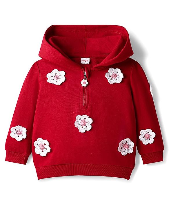 Babyhug Cotton Knit Full Sleeves Hooded Sweatshirt with Floral Crochet Detailing -Red