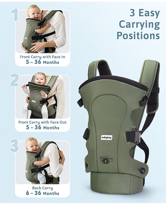 Babyhug CuddleNest 3 in 1 Ergonomic Baby Carrier - Green| Ideal for Carrying 3.6-15 kg Babies Age 5-36 mons| Paded Legopening| Optimal Weight Distribution| Adjustable Safety Buckle| Breathable Fabric
