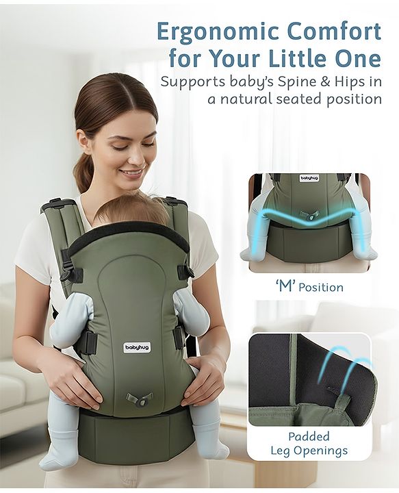 Babyhug CuddleNest 3 in 1 Ergonomic Baby Carrier - Green| Ideal for Carrying 3.6-15 kg Babies Age 5-36 mons| Paded Legopening| Optimal Weight Distribution| Adjustable Safety Buckle| Breathable Fabric