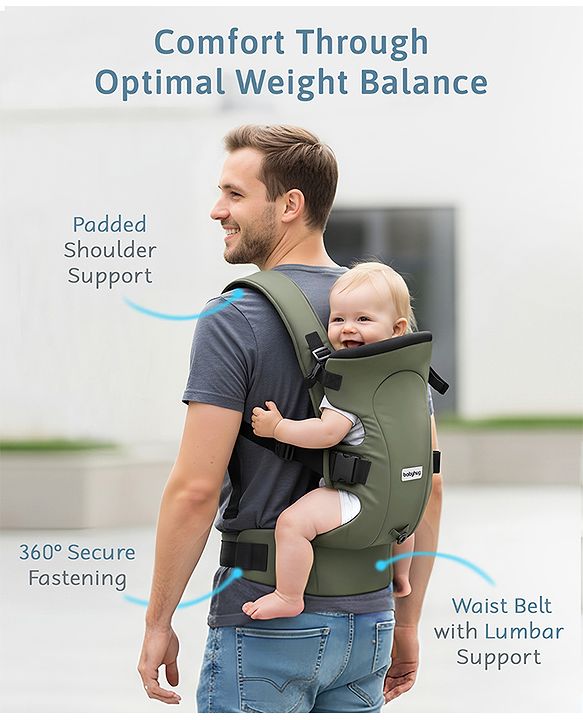 Babyhug CuddleNest 3 in 1 Ergonomic Baby Carrier - Green| Ideal for Carrying 3.6-15 kg Babies Age 5-36 mons| Paded Legopening| Optimal Weight Distribution| Adjustable Safety Buckle| Breathable Fabric