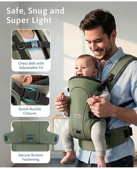 Babyhug CuddleNest 3 in 1 Ergonomic Baby Carrier - Green| Ideal for Carrying 3.6-15 kg Babies Age 5-36 mons| Paded Legopening| Optimal Weight Distribution| Adjustable Safety Buckle| Breathable Fabric