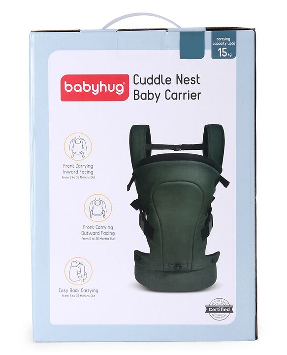 Babyhug CuddleNest 3 in 1 Ergonomic Baby Carrier - Green| Ideal for Carrying 3.6-15 kg Babies Age 5-36 mons| Paded Legopening| Optimal Weight Distribution| Adjustable Safety Buckle| Breathable Fabric
