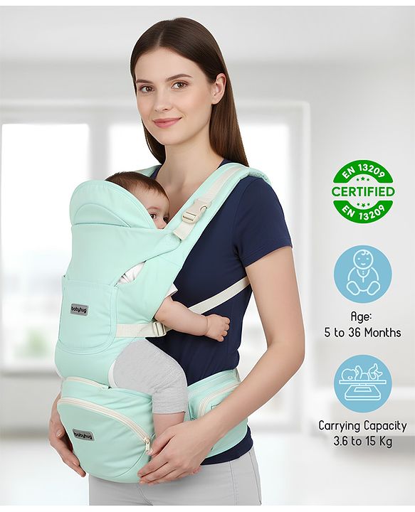 Babyhug Snuggle Bloom 8 in 1 Baby Carrier with Hip Seat - Sea Green| Ideal for Carrying 3.6-15 kg Babies Aged 5-36 months| Optimal Weight Distribution| Adjustable Safety Buckle| Breathable Fabric