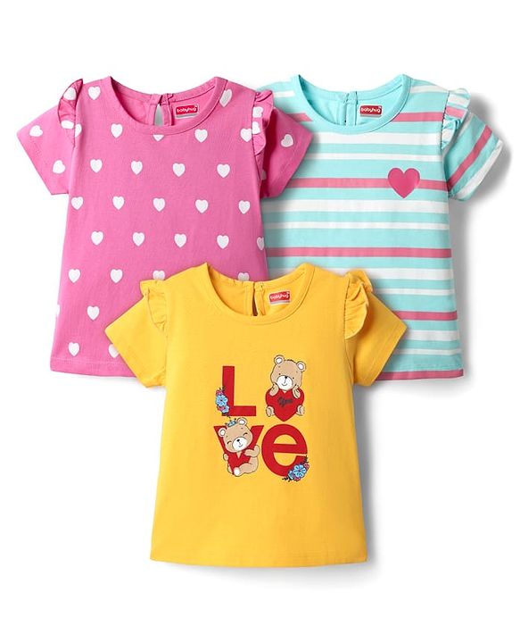 Babyhug 100% Cotton Knit Half Sleeves T-Shirts With Stripes & Heart Print Pack Of 3 - Pink & Light Blue