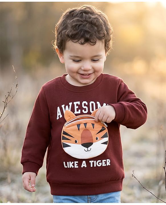Babyhug 100% Cotton Full Sleeves Sweatshirt With Tiger Applique & Text Print - Brown