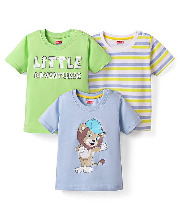Babyhug 100% Cotton Knit Half Sleeves Stripes T-Shirts with Text & Lion Print Pack of 3 - Multicolor