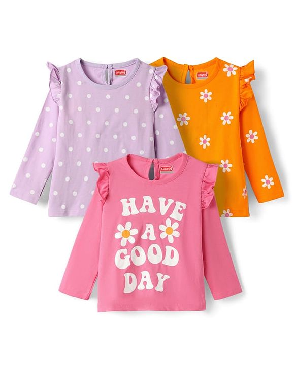 Babyhug 100% Cotton Knit Full Sleeves T-Shirts with Floral Print Pack of 3 - Orange & Lilac