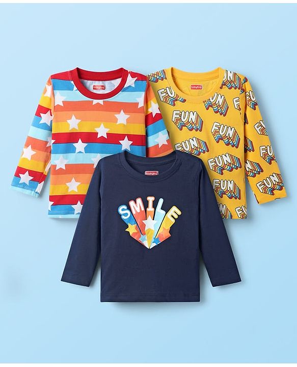 Babyhug 100% Knit Full Sleeves T-Shirts with Star & Text Print Pack of 3 - Yellow & Navy Blue