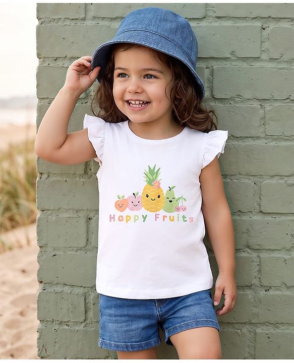 Babyhug 100% Cotton Knit Frill Sleeves T-Shirt with Fruits Print - White