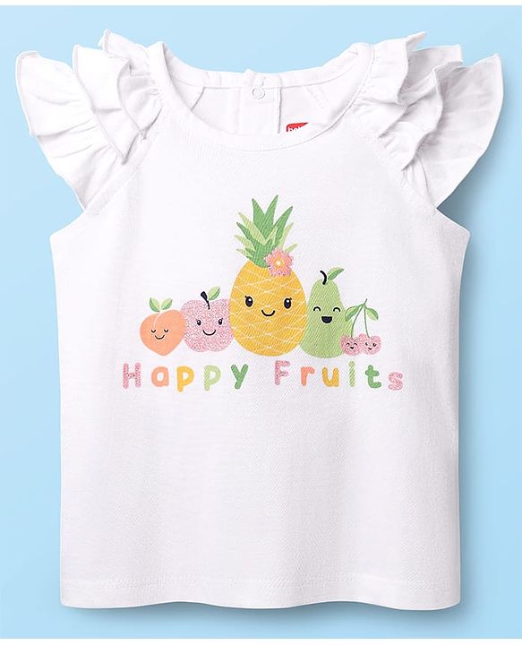 Babyhug 100% Cotton Knit Frill Sleeves T-Shirt with Fruits Print - White