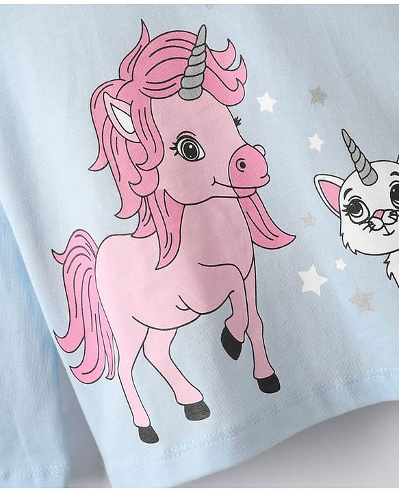 Babyhug 100% Cotton Knit Full Sleeves T-Shirt with Unicorn Print - Light Blue