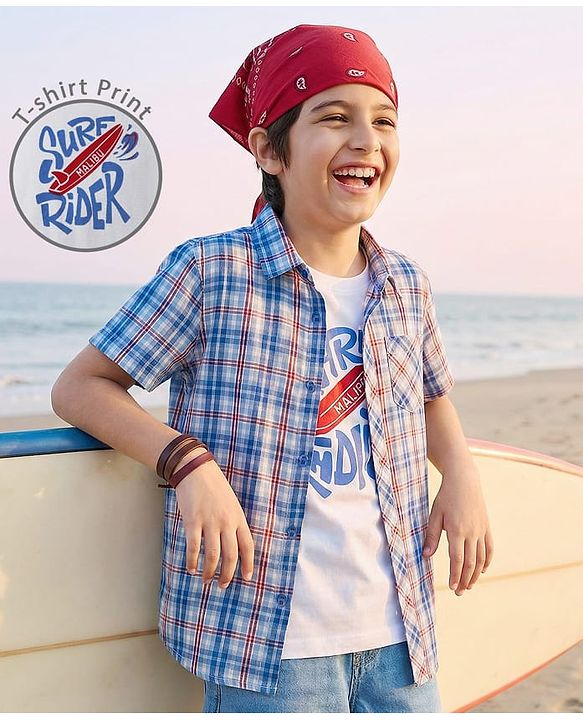 Pine Kids Cotton Woven Half Sleeves Checks Shirt With Printed T-Shirt - Blue & White