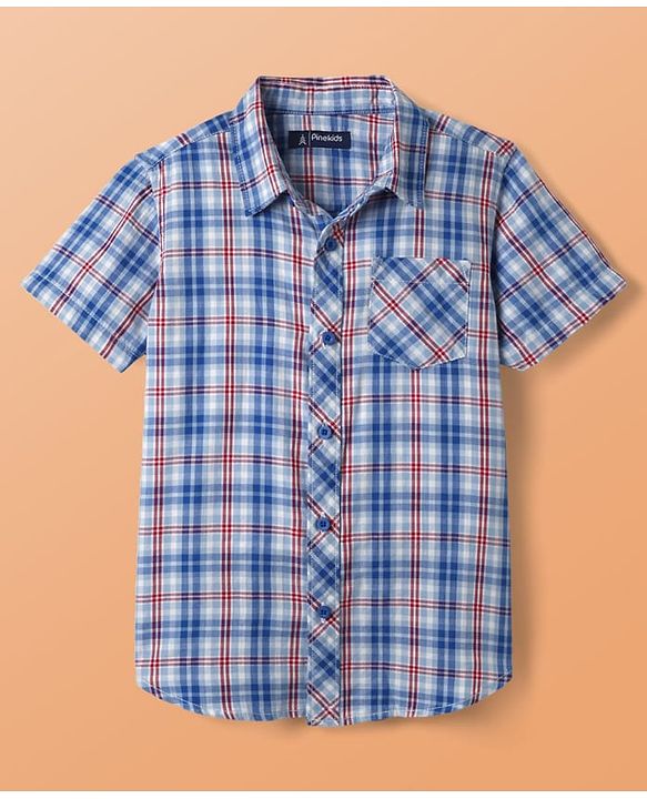 Pine Kids Cotton Woven Half Sleeves Checks Shirt With Printed T-Shirt - Blue & White