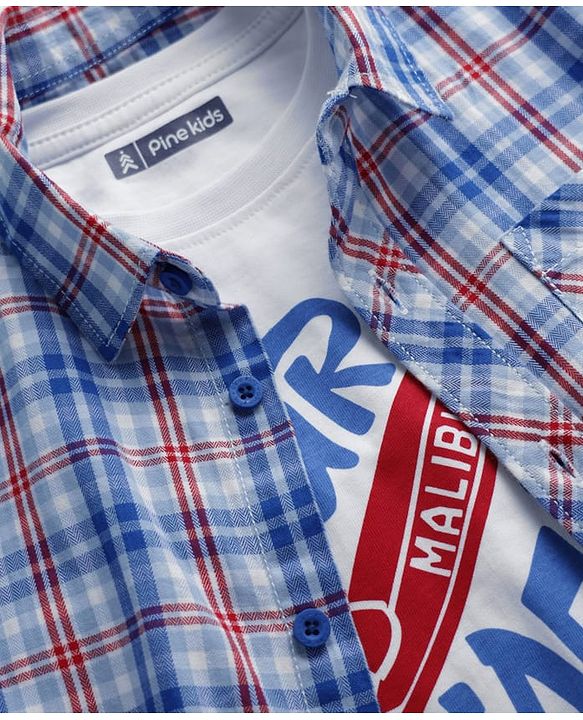 Pine Kids Cotton Woven Half Sleeves Checks Shirt With Printed T-Shirt - Blue & White