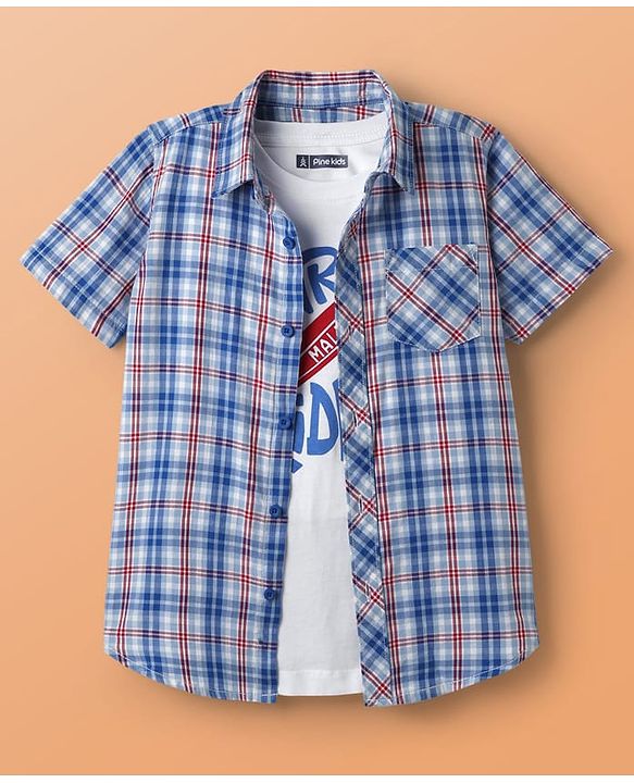 Pine Kids Cotton Woven Half Sleeves Checks Shirt With Printed T-Shirt - Blue & White