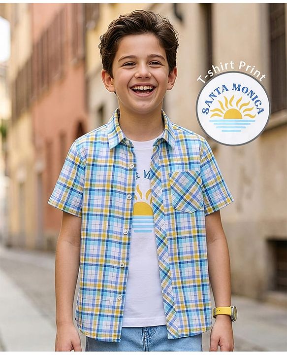 Pine Kids 100% Cotton Half Sleeves Checks Shirt With Text Printed Tank T-Shirt - Light Blue & White
