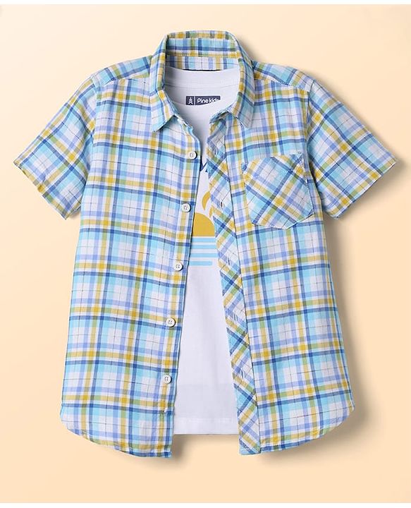 Pine Kids 100% Cotton Half Sleeves Checks Shirt With Text Printed Tank T-Shirt - Light Blue & White