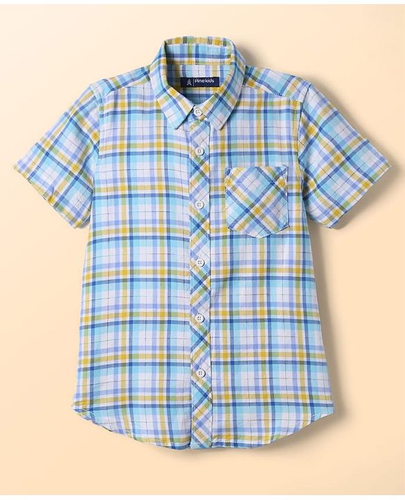 Pine Kids 100% Cotton Half Sleeves Checks Shirt With Text Printed Tank T-Shirt - Light Blue & White