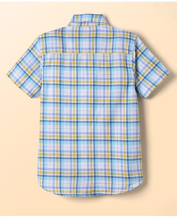 Pine Kids 100% Cotton Half Sleeves Checks Shirt With Text Printed Tank T-Shirt - Light Blue & White
