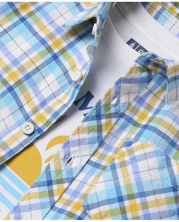 Pine Kids 100% Cotton Half Sleeves Checks Shirt With Text Printed Tank T-Shirt - Light Blue & White