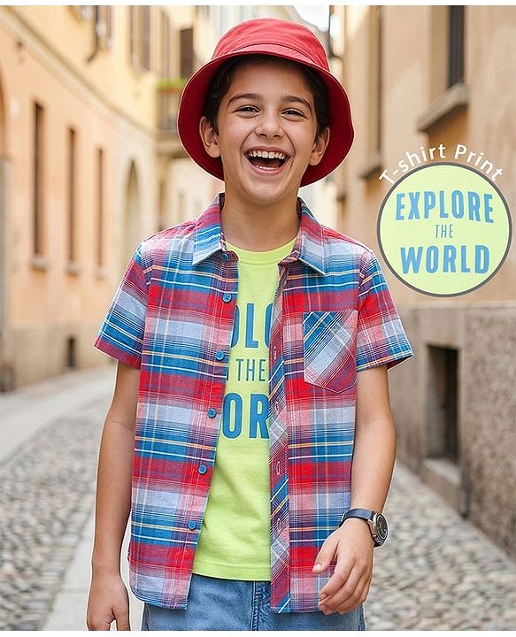 Pine Kids Cotton Woven Half Sleeves Checks Shirt With T-Shirt - Multicolour