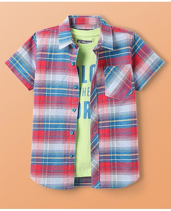 Pine Kids Cotton Woven Half Sleeves Checks Shirt With T-Shirt - Multicolour