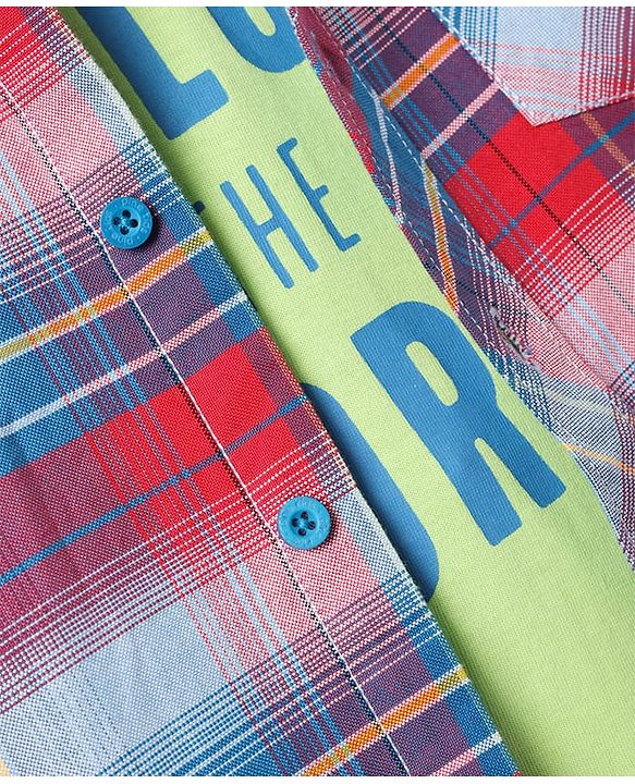 Pine Kids Cotton Woven Half Sleeves Checks Shirt With T-Shirt - Multicolour