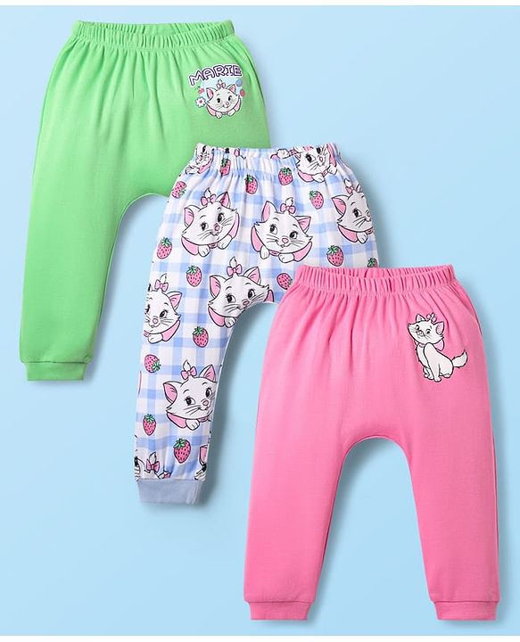 Babyhug Disney Interlock Knit Full Length Diaper Leggings with Aristocats Marie Graphics Pack of 3 - Green Pink & White