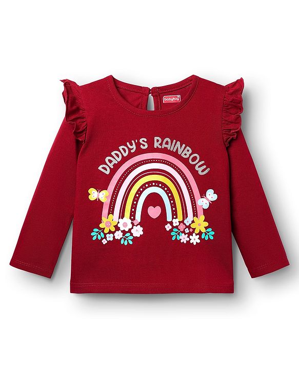 Babyhug 100% Cotton Knit Full Sleeves T-Shirt with Rainbow Print & Frill Detailing - Maroon