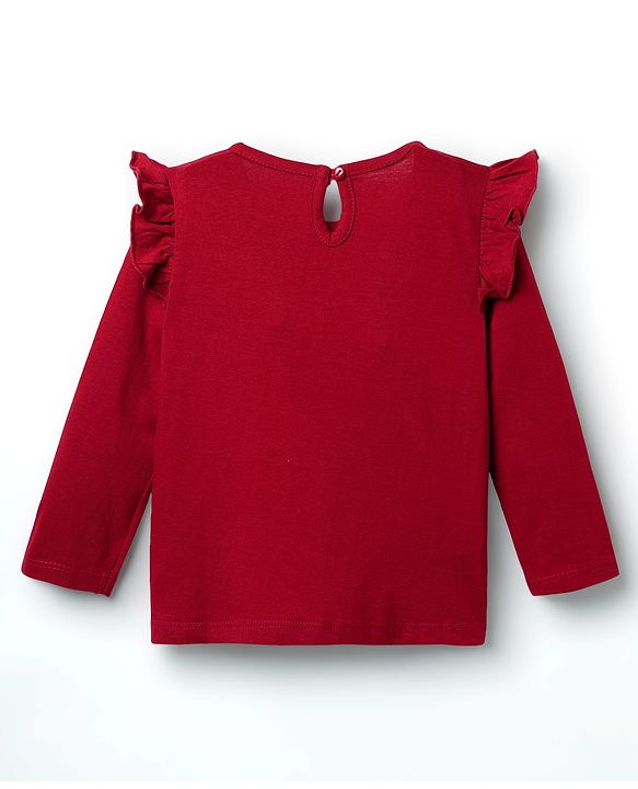 Babyhug 100% Cotton Knit Full Sleeves T-Shirt with Rainbow Print & Frill Detailing - Maroon