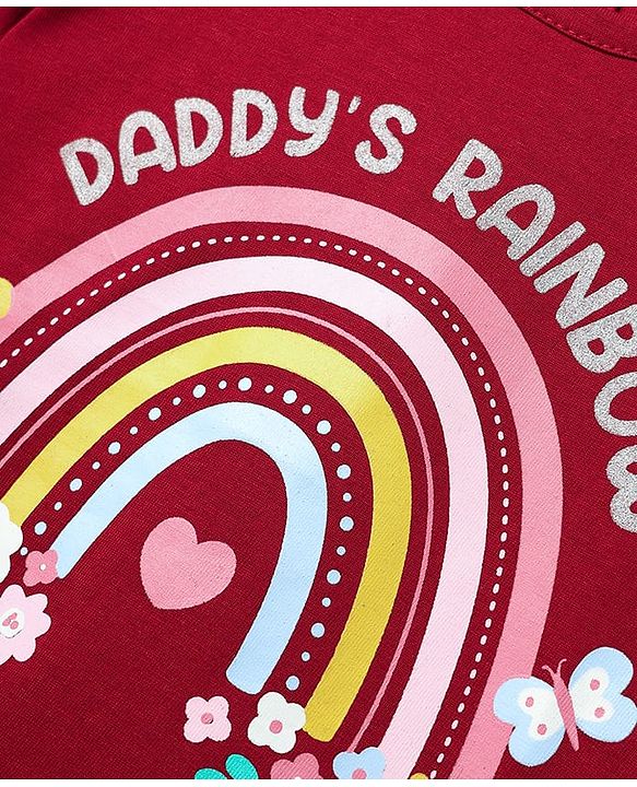 Babyhug 100% Cotton Knit Full Sleeves T-Shirt with Rainbow Print & Frill Detailing - Maroon