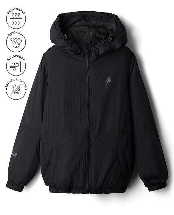 Pine Active Woven Full Sleeve Ultra Comfort Lightweight Windbreaker Solid Color Hooded Athleisure Jacket - Black