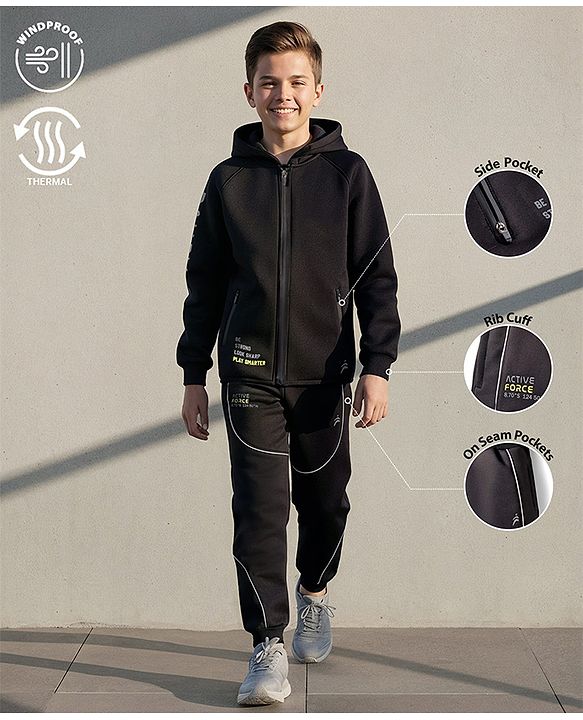 Pine Active Knit Full Sleeves Ultra Comfort Athleisure Jacket With Hoodie & Joggers Set - Black