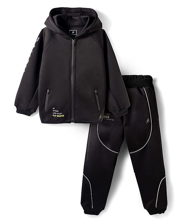 Pine Active Knit Full Sleeves Ultra Comfort Athleisure Jacket With Hoodie & Joggers Set - Black