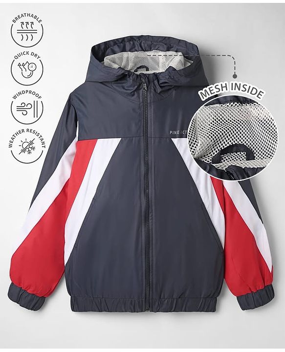 Pine Active Woven Full Sleeves Ultra Comfort Lightweight Windbreaker Athleisure Jacket With Hoodie - Navy Blue