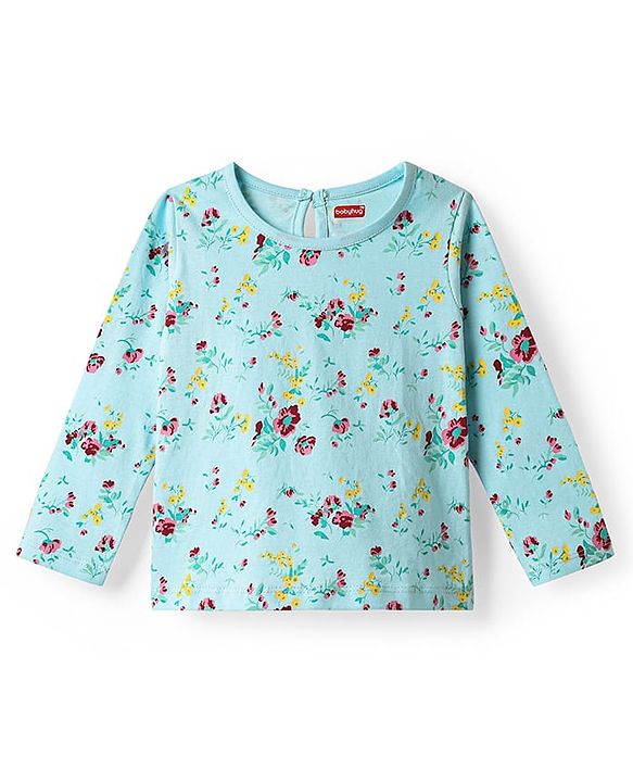 Babyhug 100% Cotton Knit Full Sleeves T-Shirt With Floral Print - Light Blue